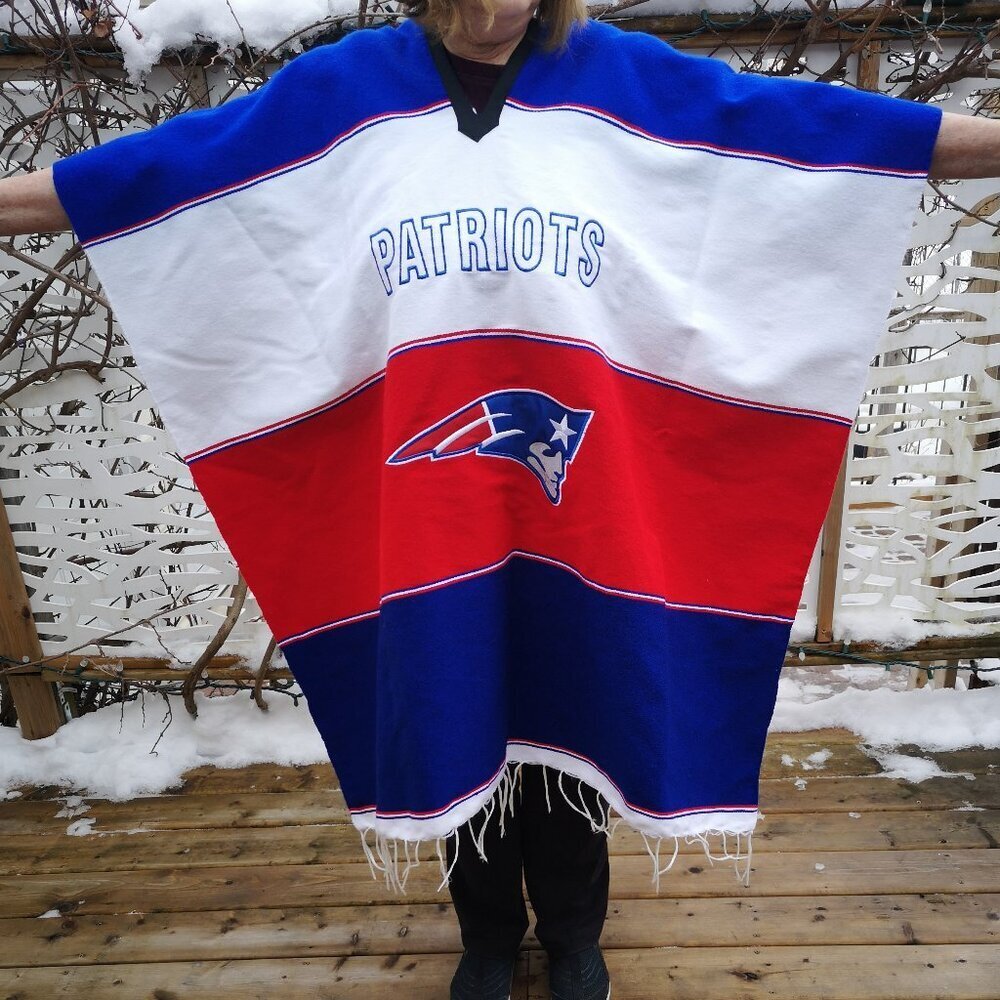 New England Patriots Unisex Red Blue & White Poncho with Fringe One Size